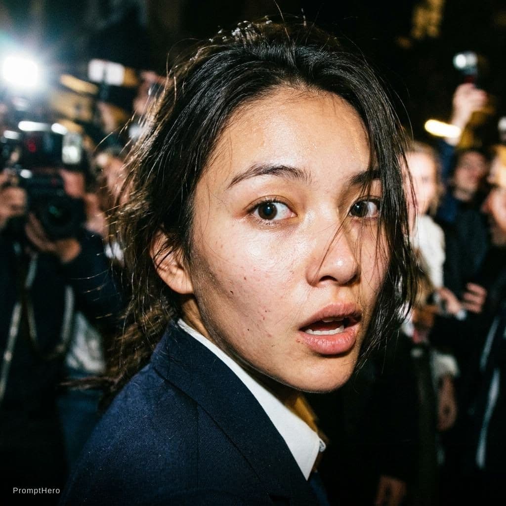 AI generated: Paparazzi-style extreme close-up photo of a woman with striking facial features, caught off-guard wh...