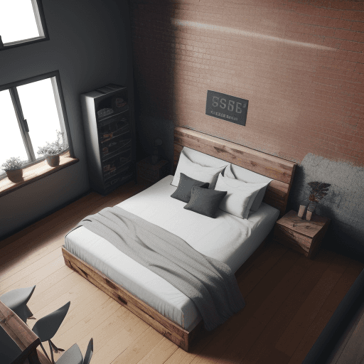 AI generated: interior design drafted, warehouse style bedroom, 8k architecture render, cozy style seen from above...