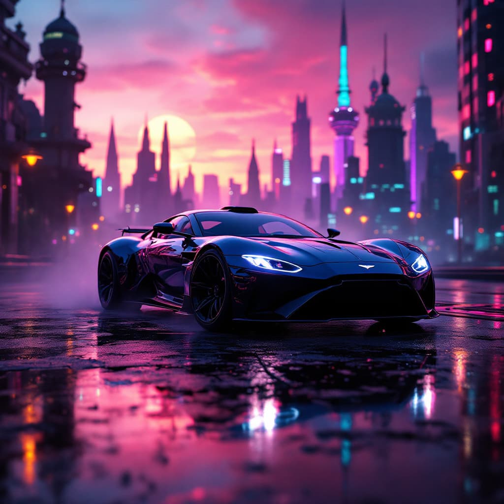 AI generated: Night city, close up digital art of a stunning Aston Martin sports car,  looking at the viewer,   fu...