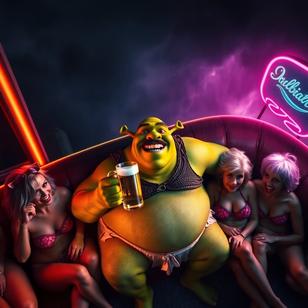 AI generated: Overhead view depicting intense dramatic weather. Overweight, hairy Shrek in a bikini and large must...