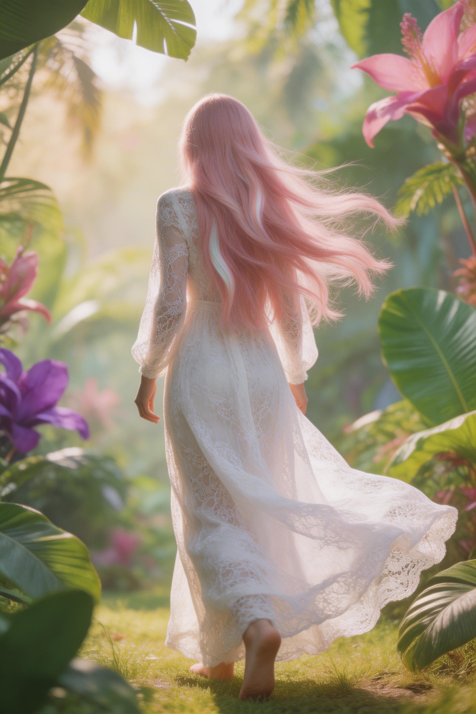 AI generated: a girl with long thick pink light pink hair with subtle highlights, she's wearing a lace dress that ...