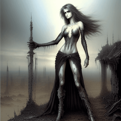 AI generated: Luis Royo-like illustration of a beautiful long-haired woman resembling Nastassja Kinski in a post-a...