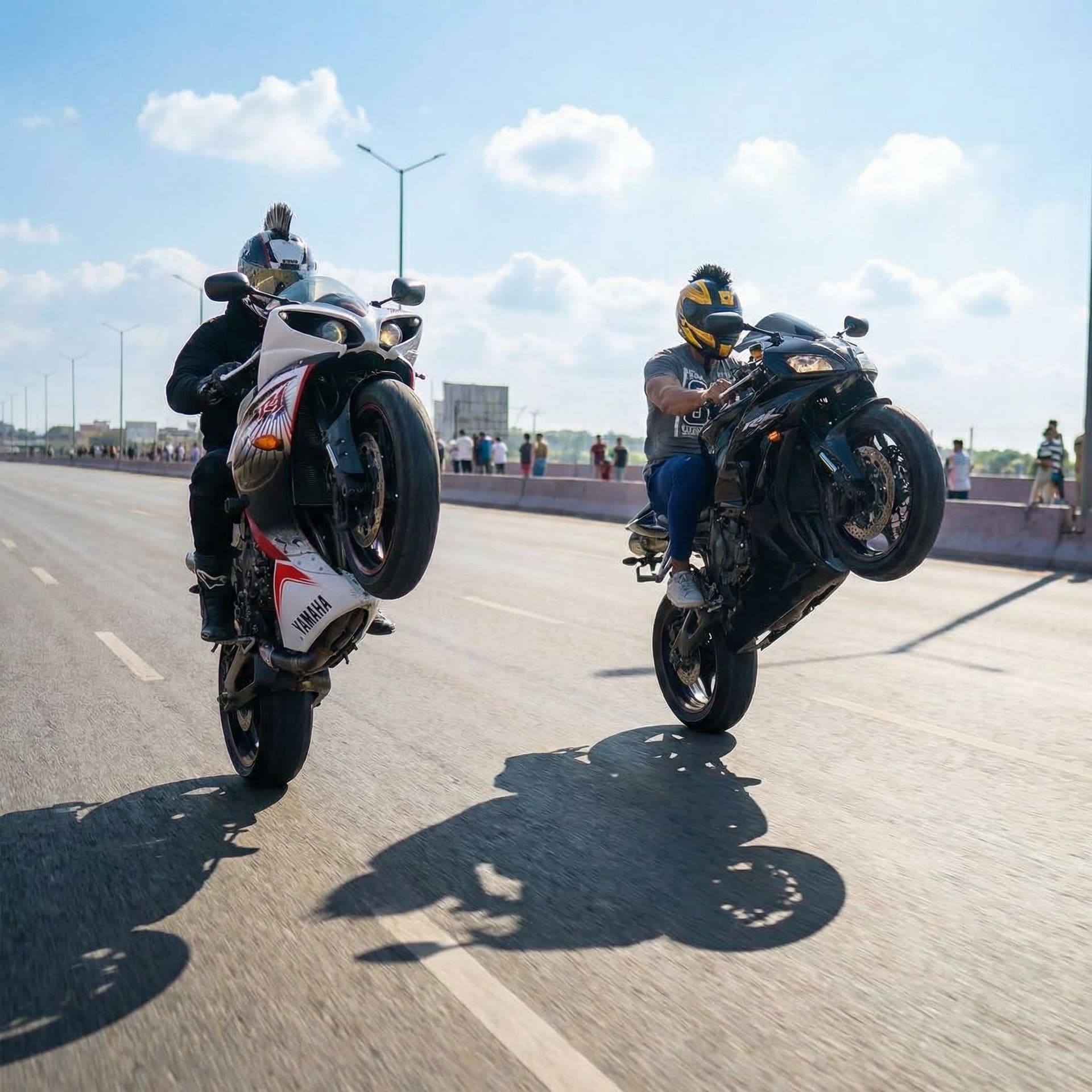 AI generated: Make the two bikes wheelie side by side 