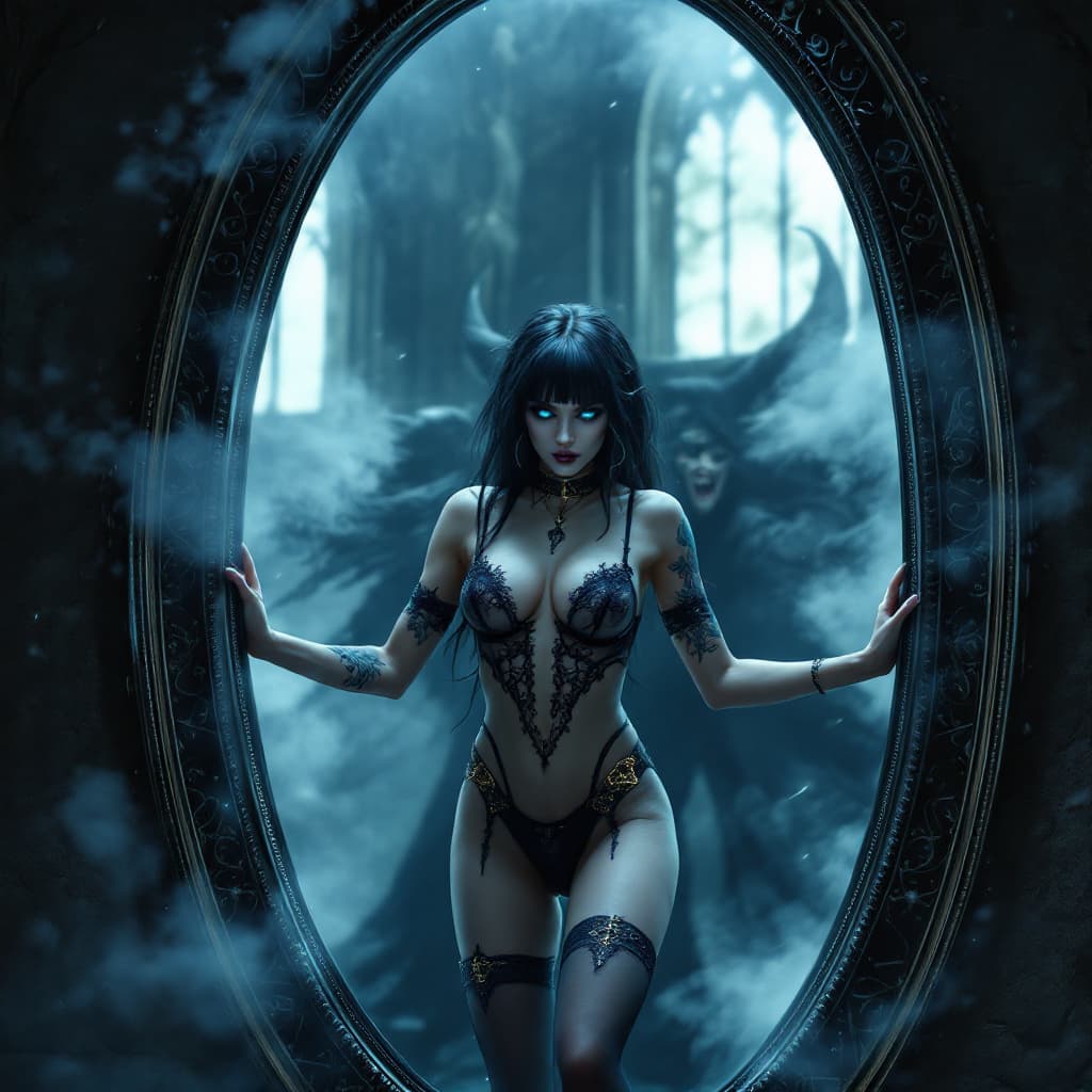 AI generated: A hyper realistic HD Photo of beautiful demon women, standing in front a big full body sized oval mi...