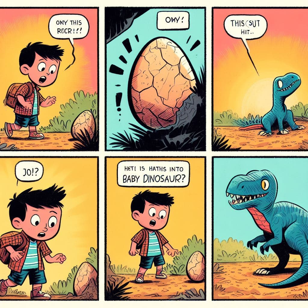 AI generated: A comic strip in which a boy discovers a mysterious egg that hatches into a baby dinosaur