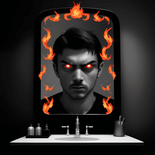 AI generated: a man facing the mirror, lonely and unloved. show his face. motify black and white with bright red f...