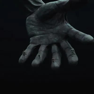AI generated video: A mysterious colossal hand dropping figures into the abyss
