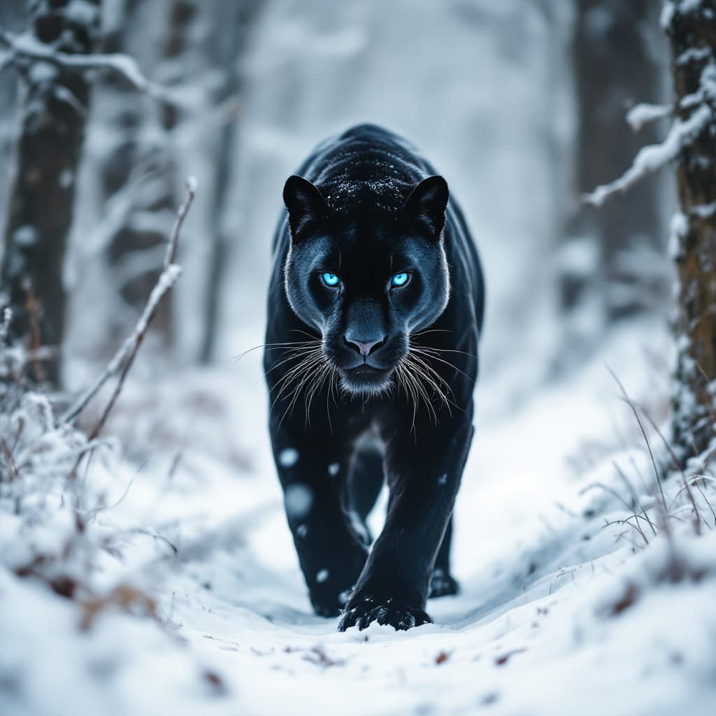 AI generated: create a cinematic, ultra-realistic 8k image of a fierce black panther with blue eyes walking throug...