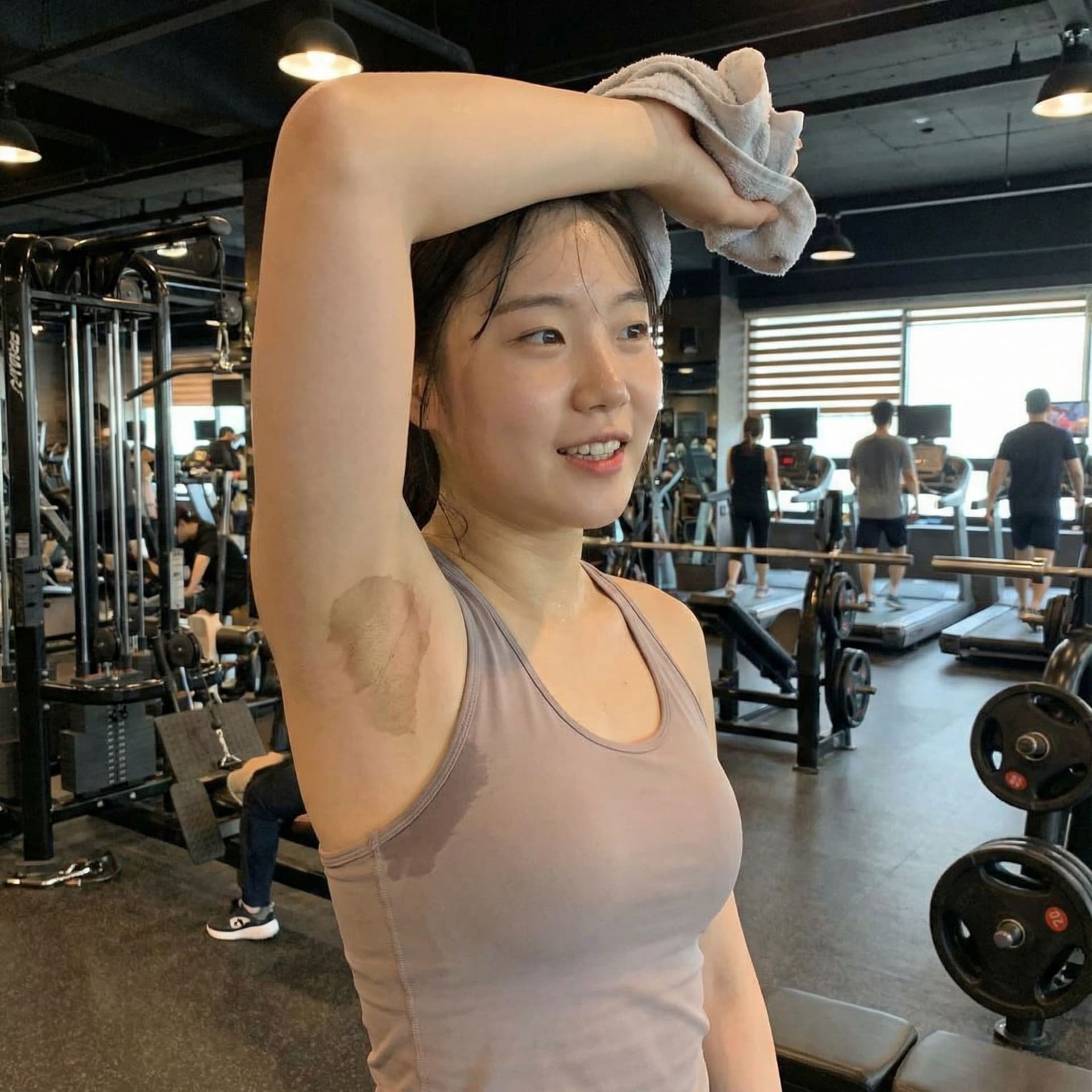 AI generated: beauty korean girl she show here sweaty armpit at gym 