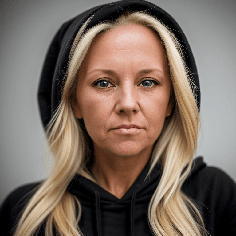AI generated: hyper realistic headshot photo of a 45 year old woman, wearing a black hoodie, blonde long hair,  lo...