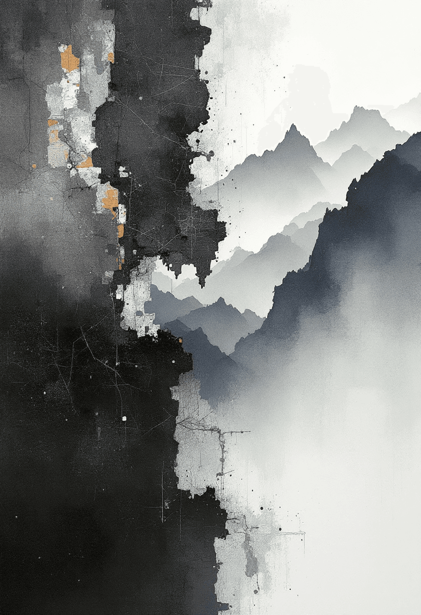 AI generated: Juxtaposition of smooth Japanese ink wash landscape and textured, flaking abstract elements, serene ...