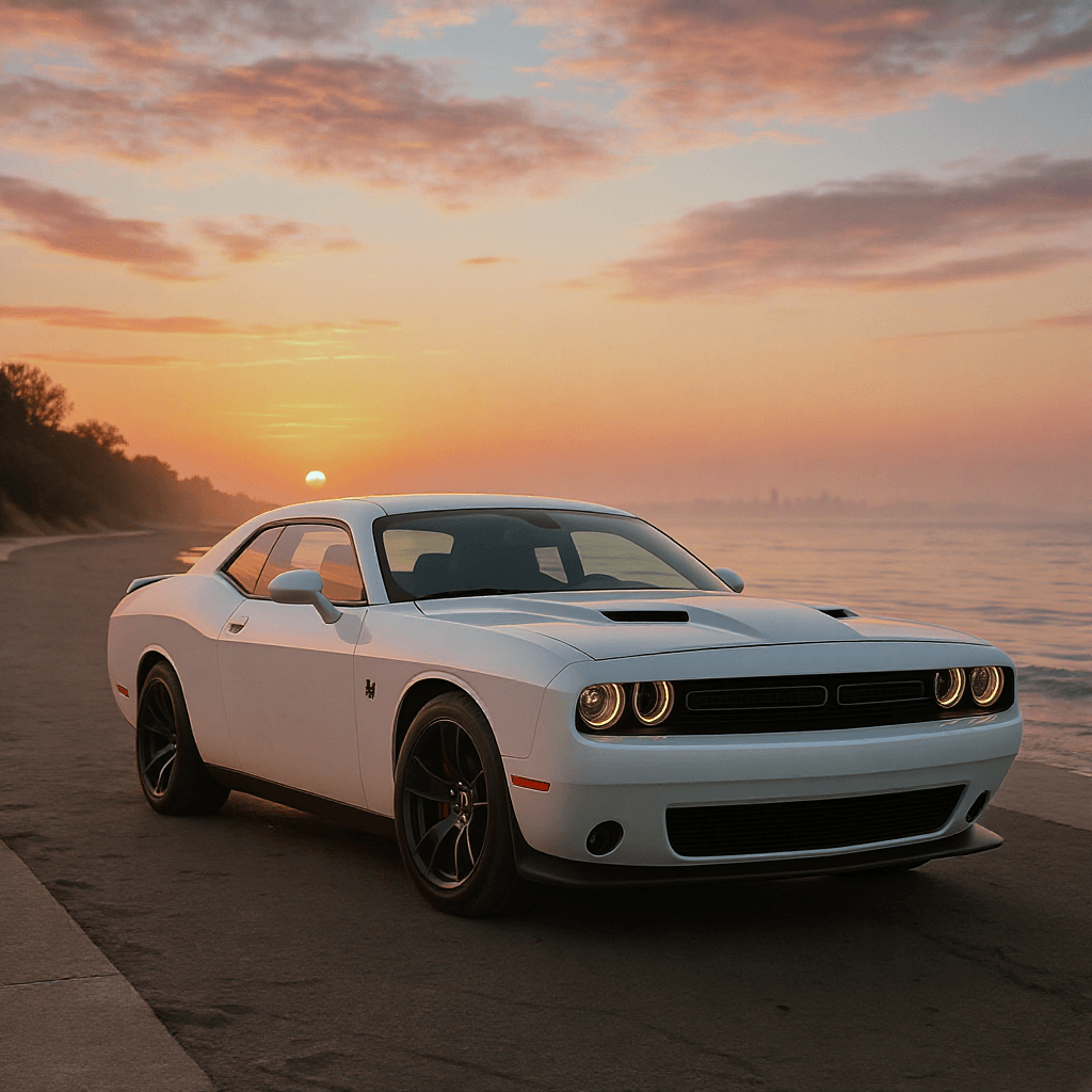 AI generated: Fotorealistisches Bild, weißer Dodge Challenger, Strandpromenade bei Sonnenaufgang, nasser Boden vom...