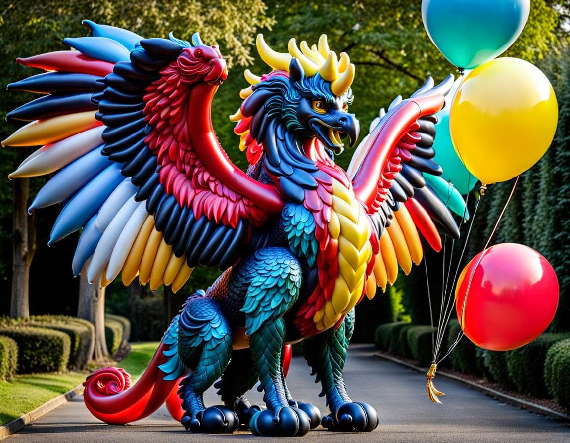 AI generated: Sculpt a life-sized mythical griffin using balloons and helium, dragon features, highlighting it's b...