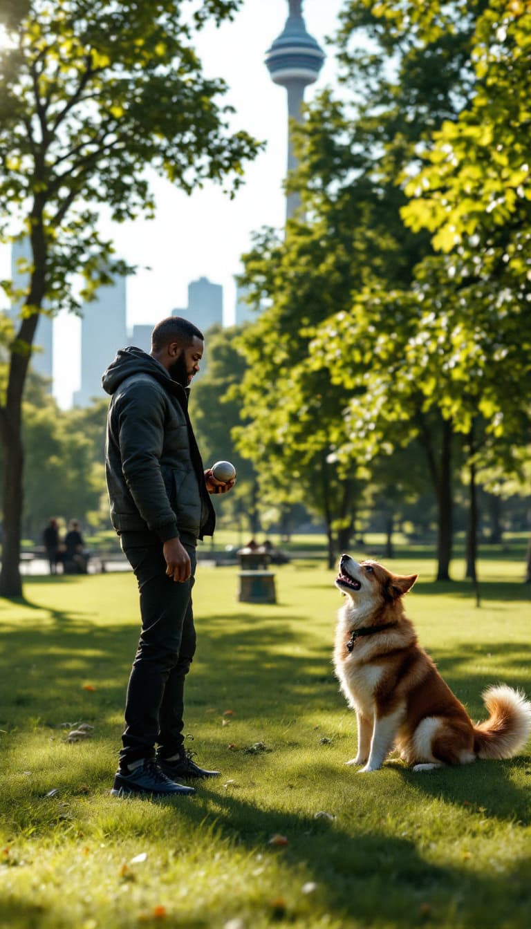 AI generated: A black man is playing with his dog in a park. He holds a ball in his hand, ready to throw it, while...