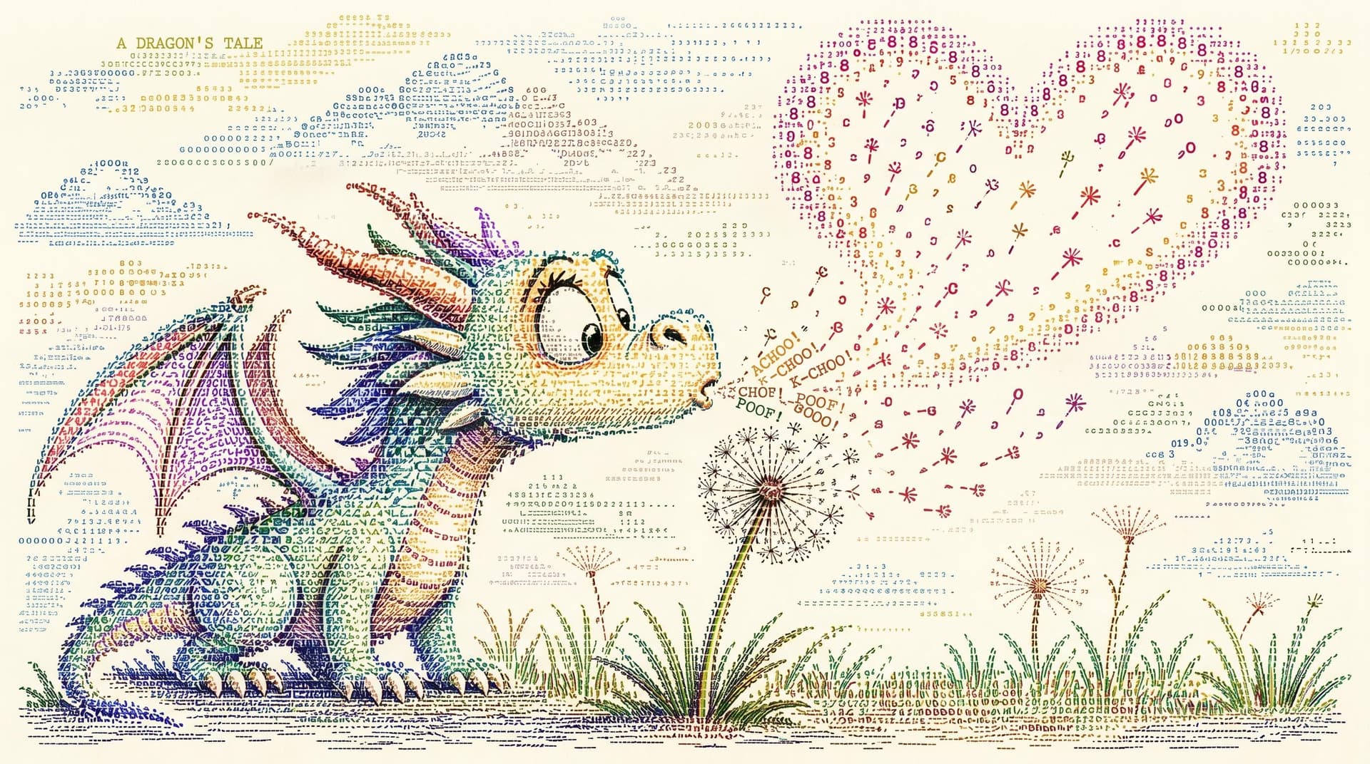 AI generated: using the images create A whimsical cartoon image of an animated dragon sniffing a dandelion, depict...