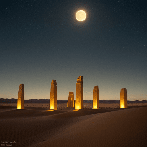 AI generated: “Beneath the twilight sky, an otherworldly desert landscape of shimmering golden sand dunes stretche...