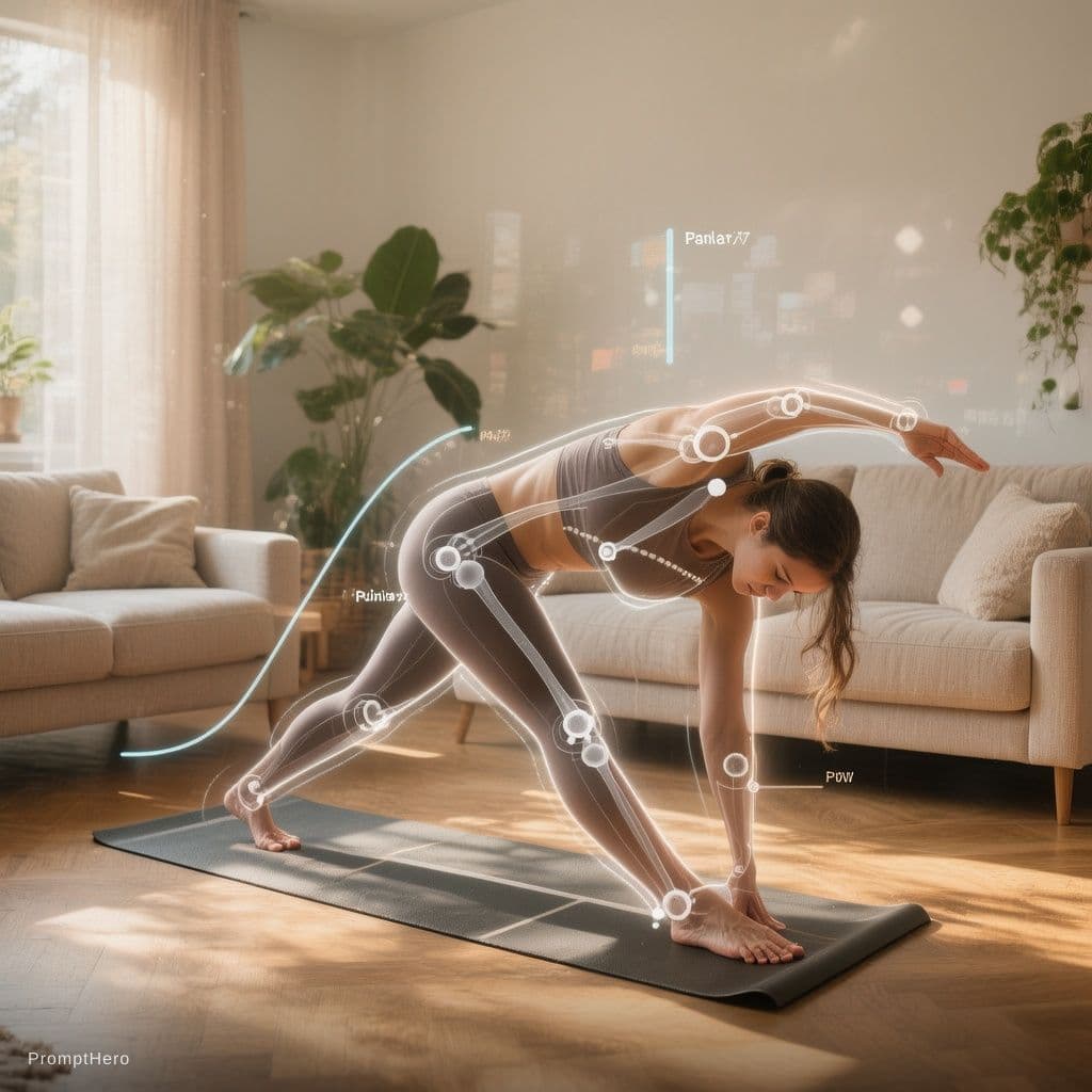 AI generated: A fit woman in her mid-20s is doing yoga in a sunlit, cozy living room with soft beige furniture and...