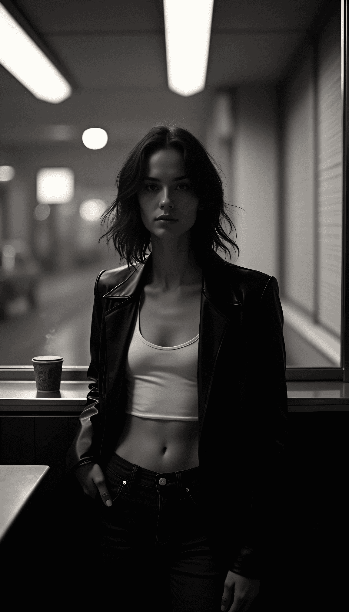 AI generated: A black and white scene in Jim Jarmusch style: A lone female figure stands in a dimly lit late-night...