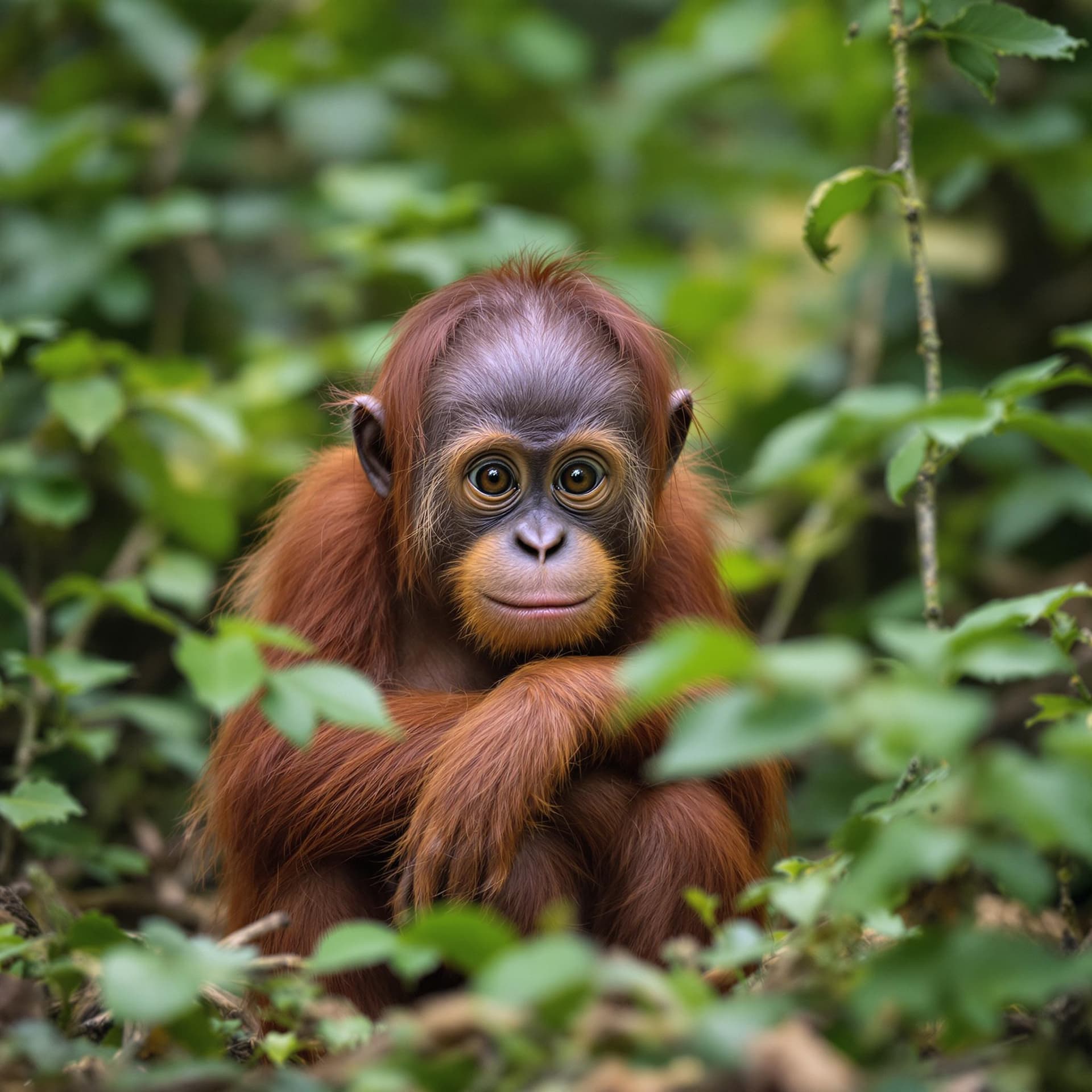 AI generated: The image depicts a young orangutan seated amidst a natural woodland setting, characterized by its d...