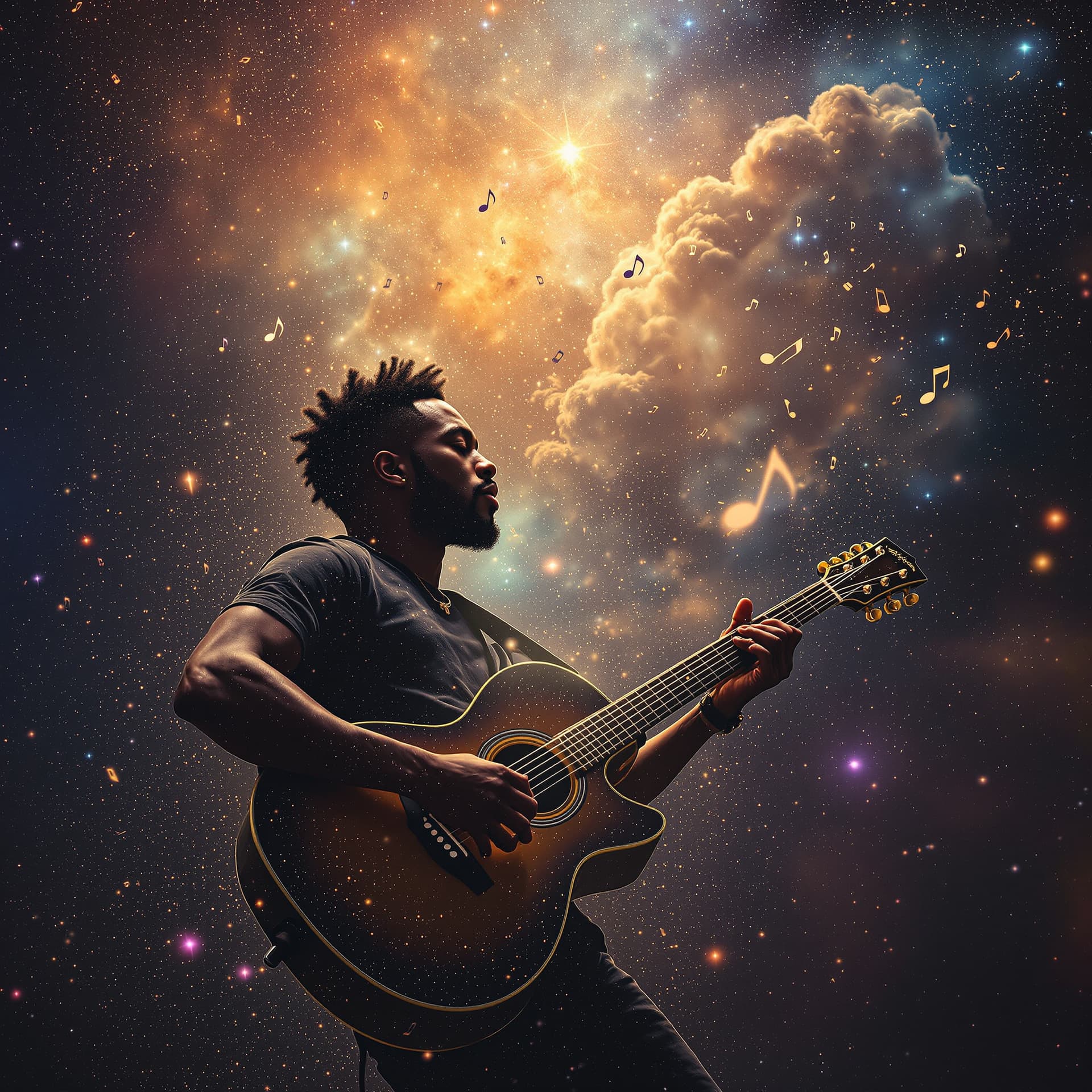 AI generated: Nebula cloud forming tiny musical notes floating in stardust surrounding an African American guitar ...