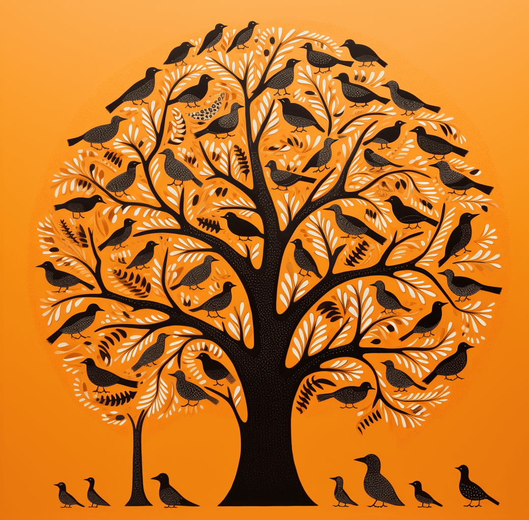 AI generated: A tree with many birds, in the style of Inuit art, orange background --ar 64:63 --v 5.2