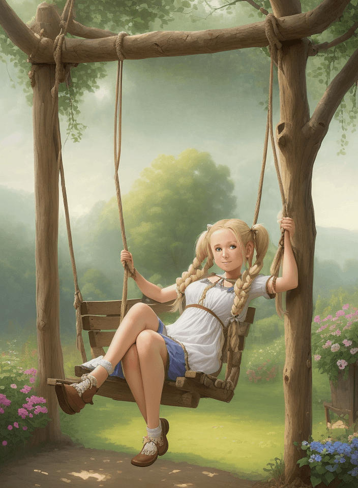AI generated: lovely young girl with long blonde braided pigtails sitting on a homemade swing made of rope and woo...