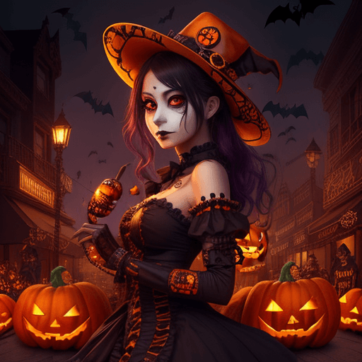 AI generated: niji style, a gorgeous day of the dead girl, steampunk city, halloween theme, jack-o'-lanterns, hall...