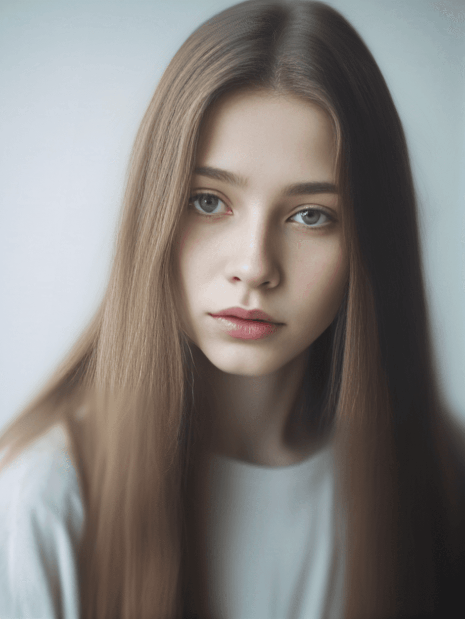 AI generated: a color photo of a beautiful woman with long straight hair and a little messy, slavic woman, soft sk...