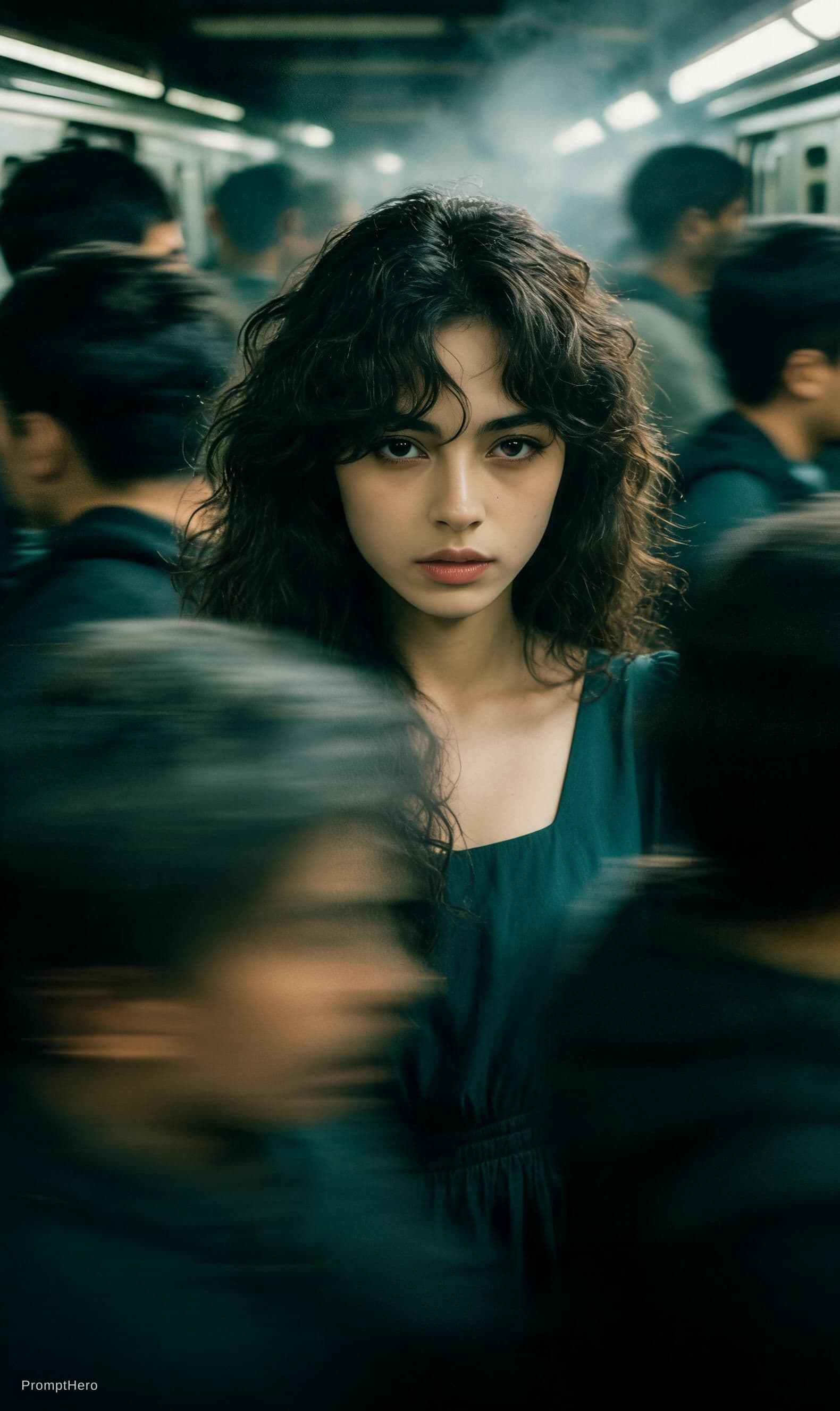 AI generated: Cinematic editorial portrait of a young women in her early twenties standing motionless at the
cente...