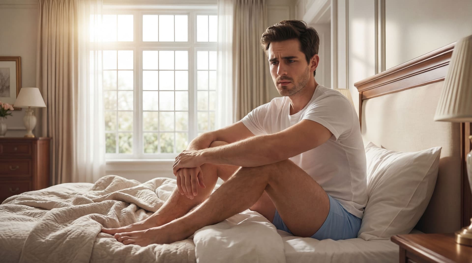AI generated: The male model is by himself. 
He is on top of the blankets. 
He is wearing a white t-shirt short sl...