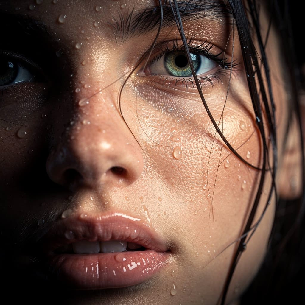 AI generated: {
  "title": "Ultra-Realistic Close-Up Portrait with Water Droplets",
  "intent": "Capture an extrem...