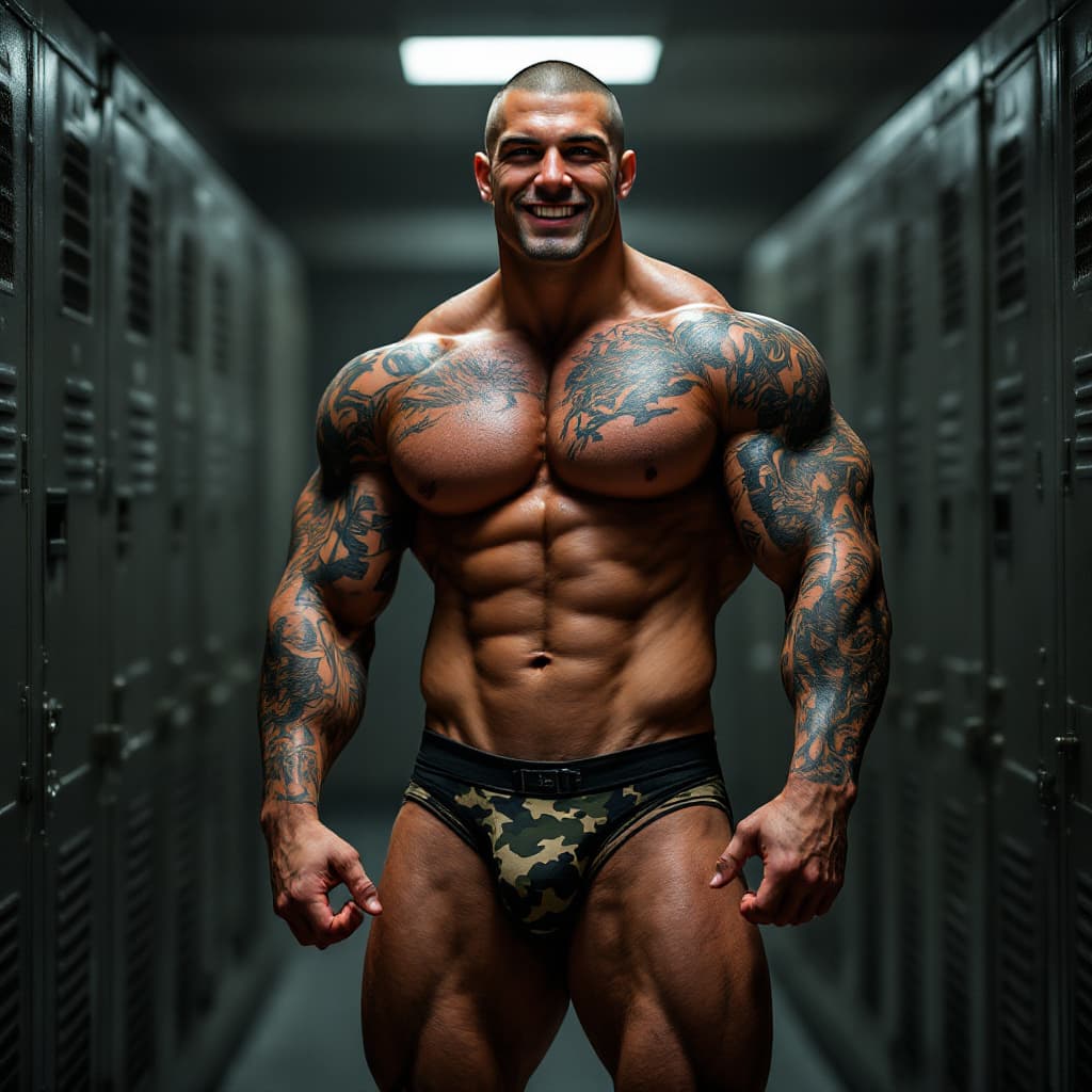 AI generated: Full body image, young tall army muscle, heavily tattooed, slim face, chiseled jawline, shaved head,...