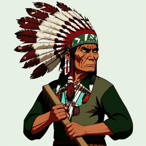 AI generated: An American Indian with the green, white and maroon headdress, green shirt, evil face, holding a hat...