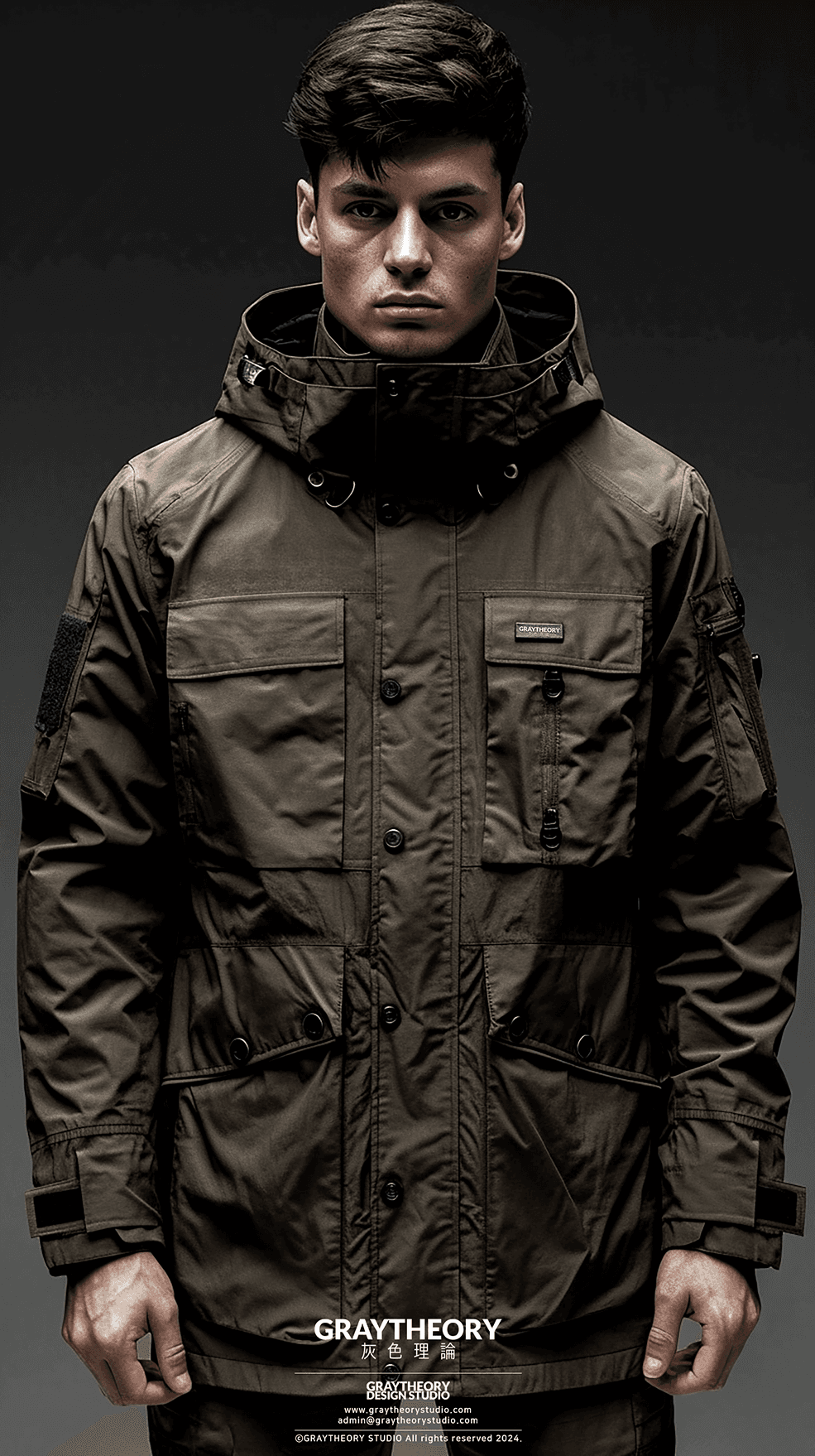 AI generated: front view, Windbreaker, technical materials, fabric label on text 'Graytheory', the design is minim...