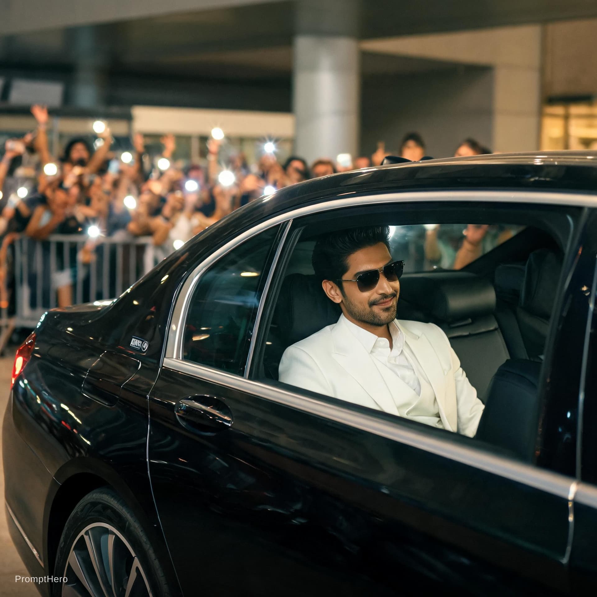 AI generated: “A cinematic, ultra-realistic celebrity arrival sequence shot on ARRI Alexa with anamorphic lenses, ...