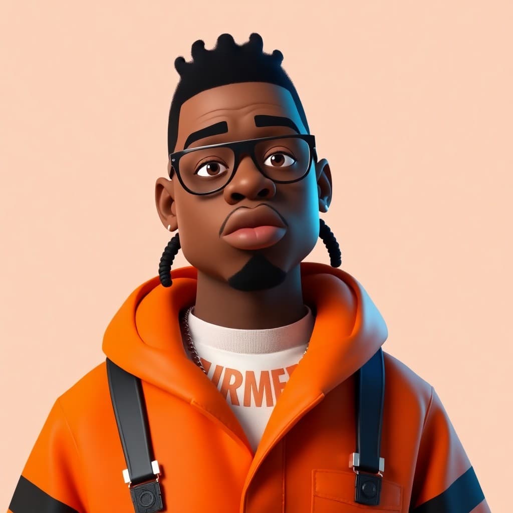 AI generated: 3D cartoon of Jay-Z, Wearing Orange Prison Jumpsuit, Boss Feel, WitchPunk, Y2K Style, plain backgrou...