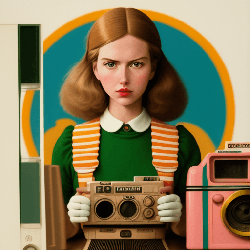 AI generated: wes anderson, girl in retro wear, shoot on vhs, hyper realism