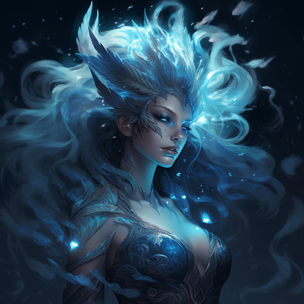 AI generated: Fantasy creature morphing from nemesis, diamond skin, sapphire hair, ice eyes, intricate detail, fan...