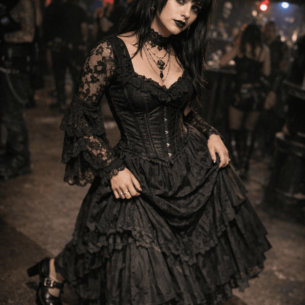 AI generated: full body shot of a highly realistic young goth woman in a goth nightclub. Dutch angle canted frame ...