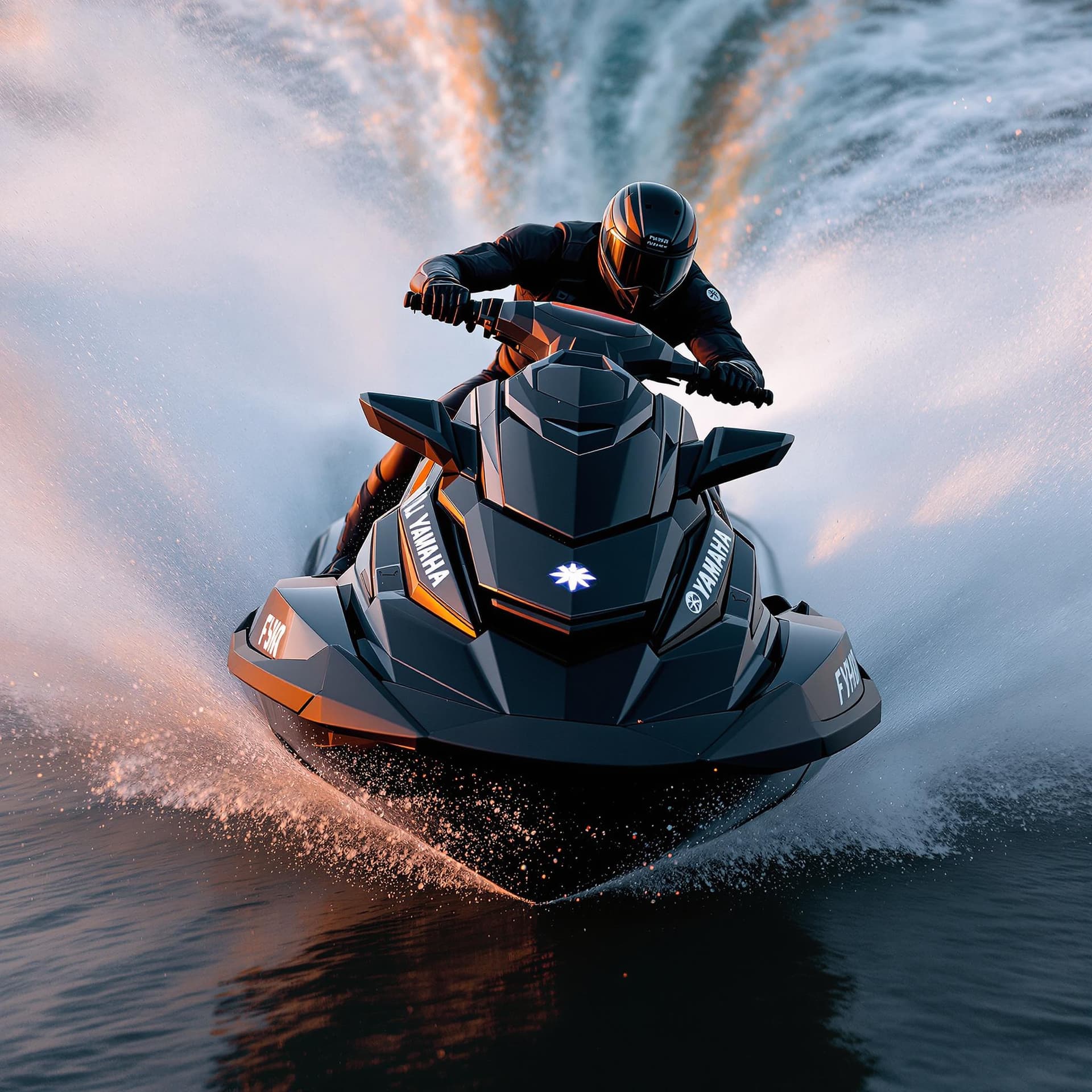 AI generated: photography, sports shooting, dynamic range, dynamic motion with yamaha fx svho jetski black in colo...