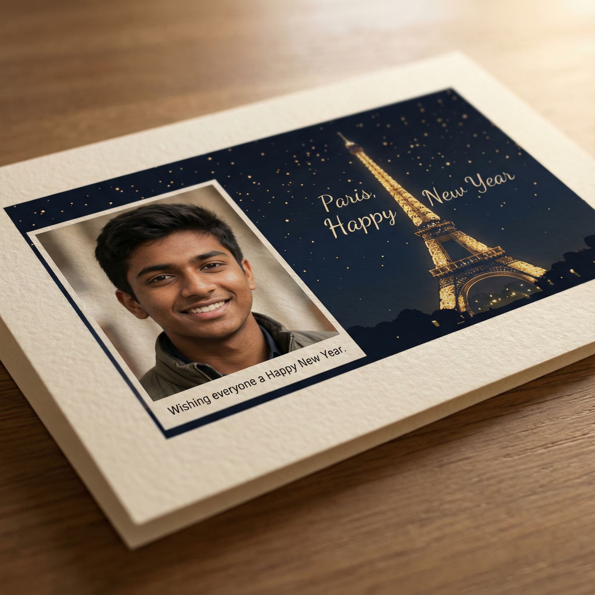 AI generated: A new year greeting card card which includes my photo(I don't really wanna upload my photo so just y...