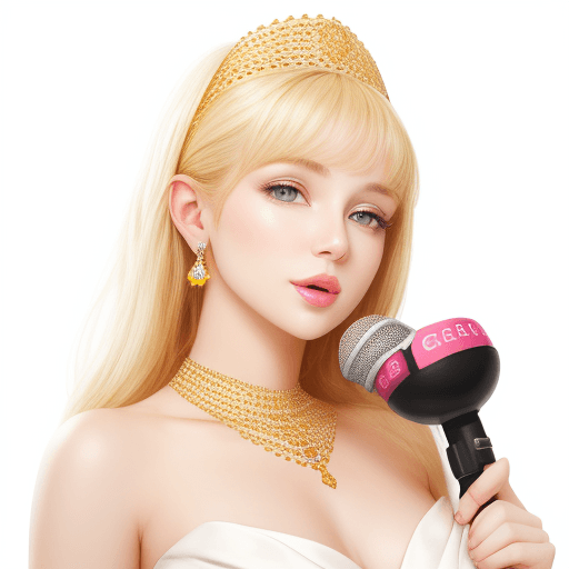 AI generated: beautiful girl with karaoke, white golden background, diamond necklace