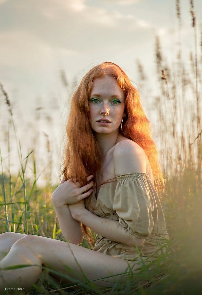AI generated: A photorealistic portrait of a woman with vibrant, fiery red, wavy hair, seated in a field of tall g...