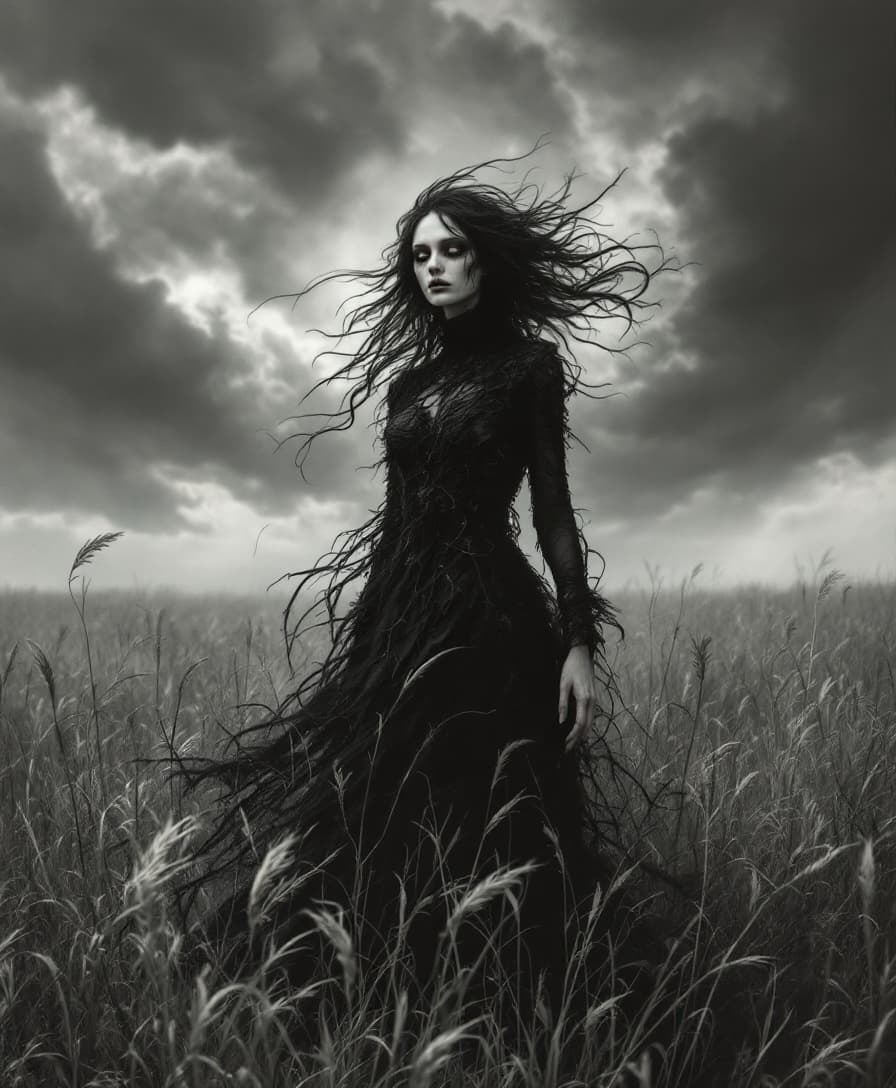 AI generated: A hauntingly ethereal woman stands alone in a desolate, wind-swept field beneath a storm-laden sky. ...