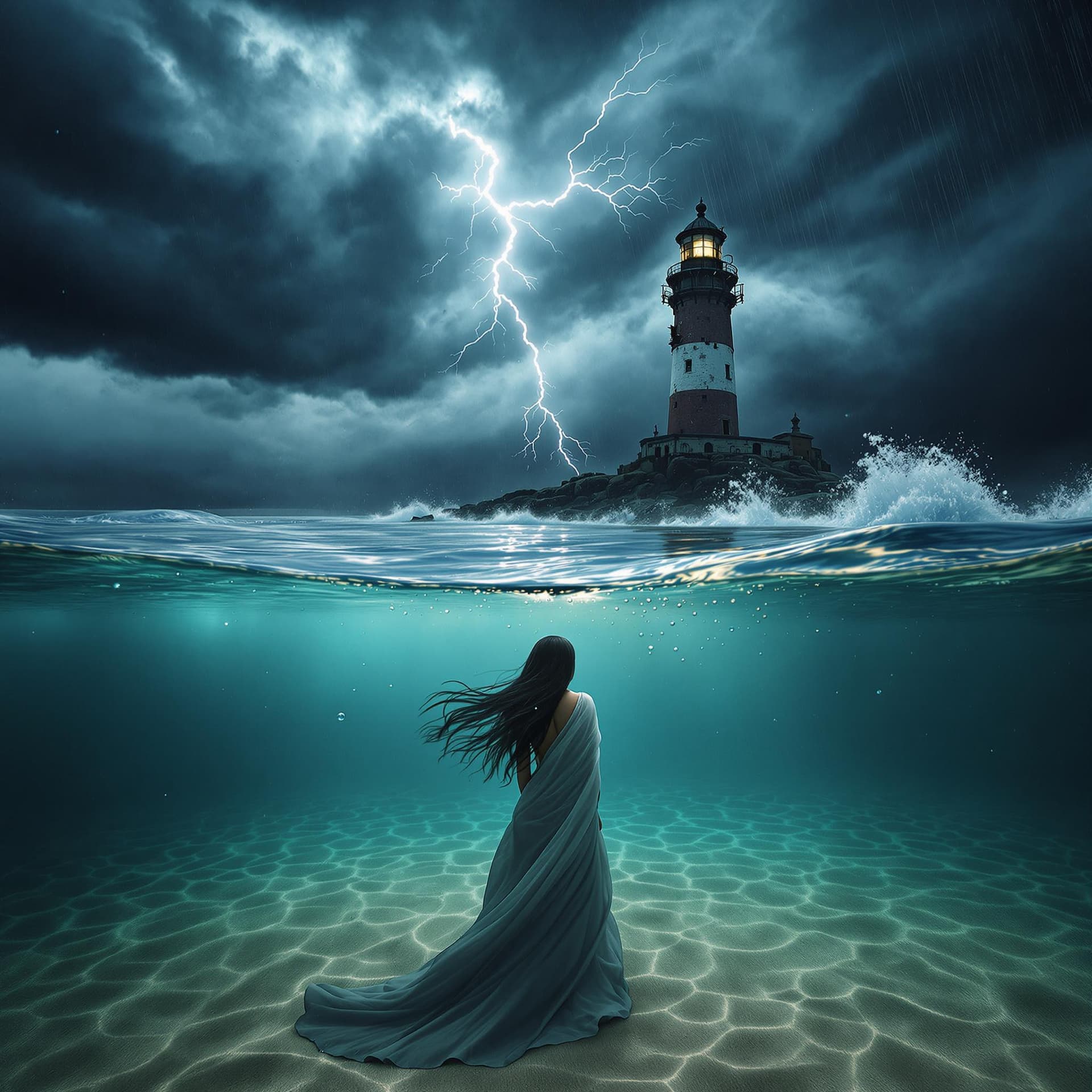 AI generated: A cinematic split-frame composition where the lens is half-submerged underwater. Half of the body is...