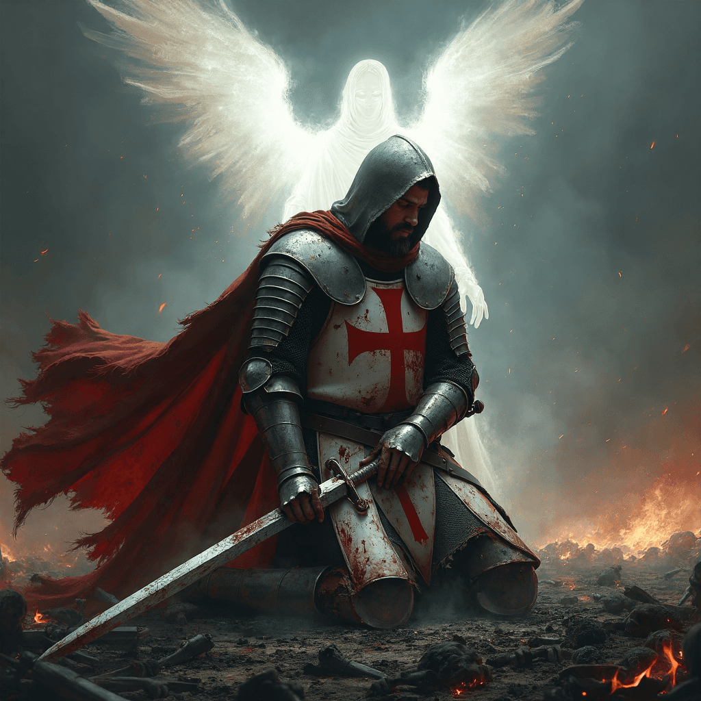AI generated: A devout paladin, clad in battered and weathered armor, kneels solemnly on a scorched battlefield sh...