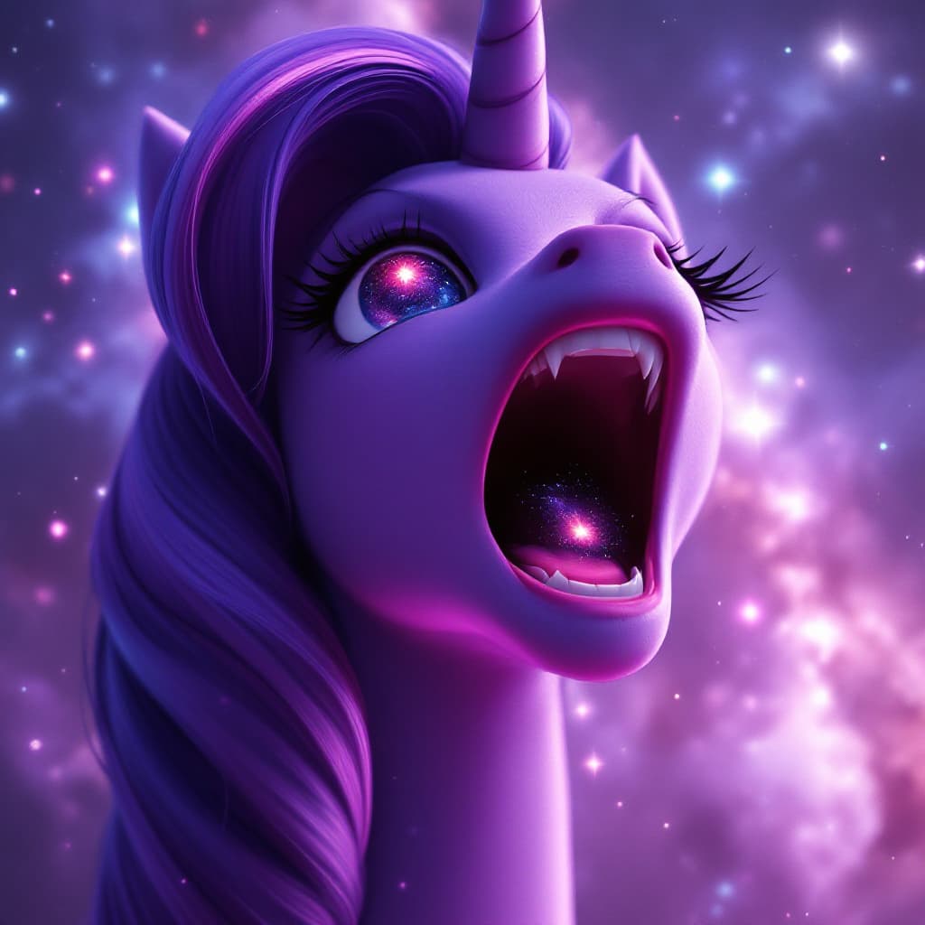 AI generated: enormous Twilight Sparkle from My Little Pony, bigger than a galaxy floating in space, minuscule gal...