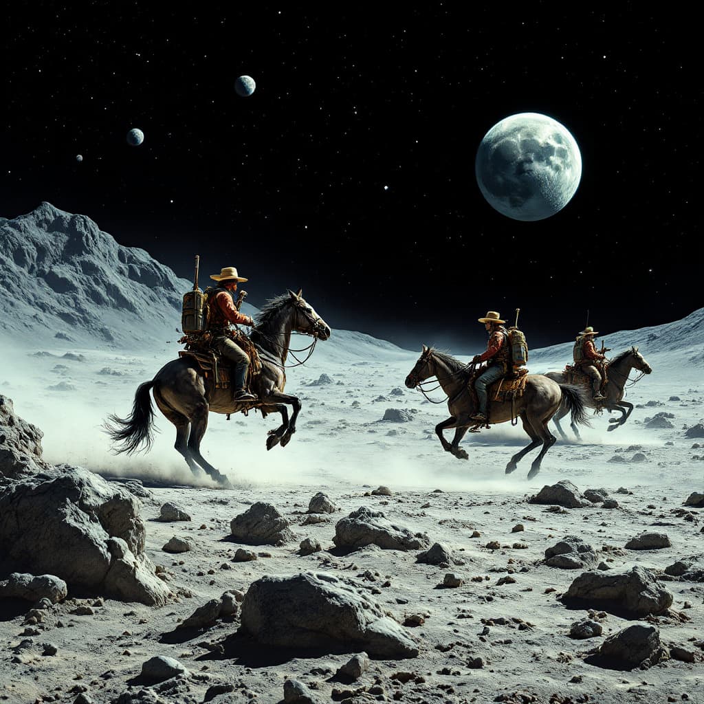AI generated: cowboys riding horses on the lunar surface