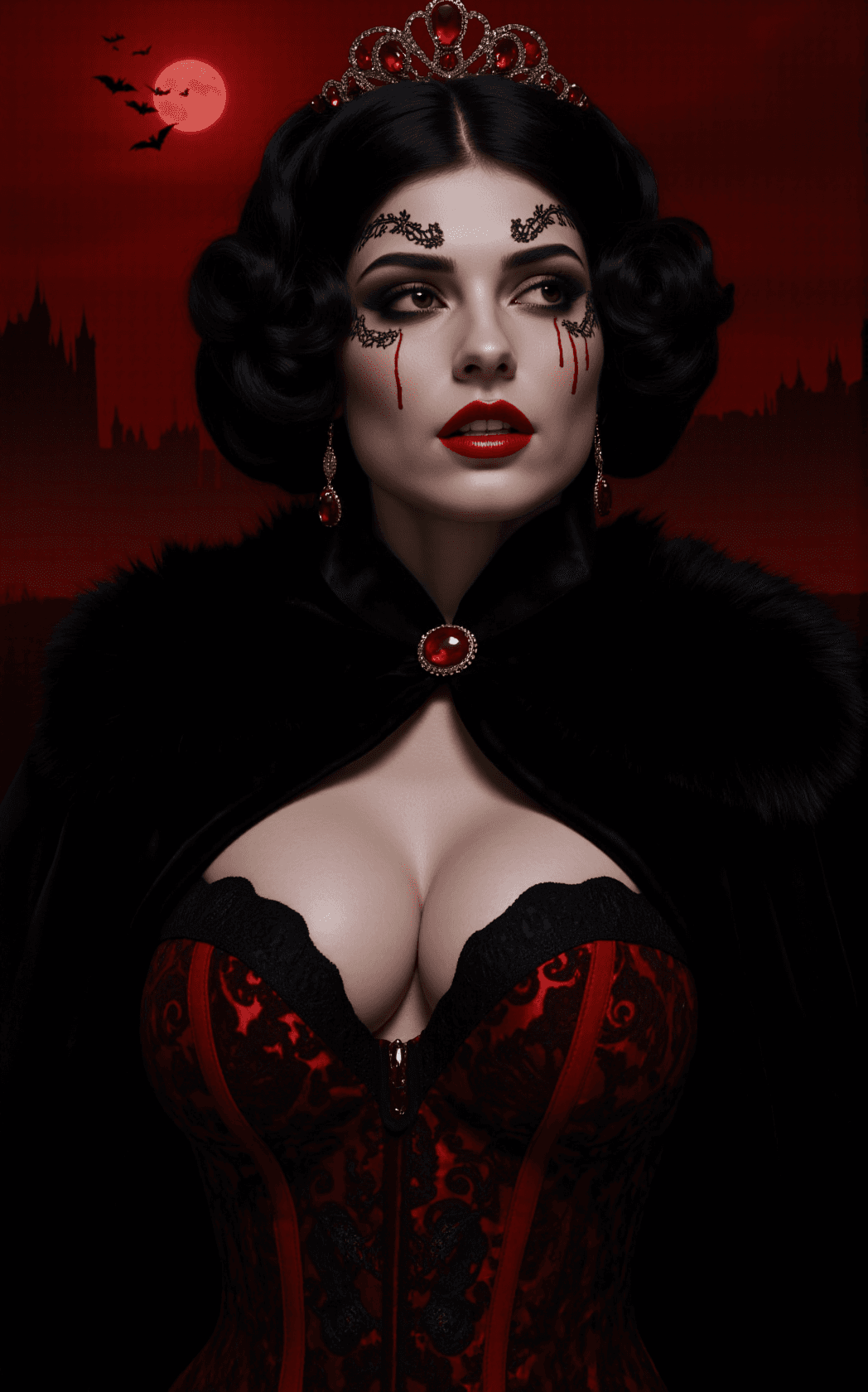 AI generated: A regal vampire countess with deathly pale skin and blood-red lips. Her face is painted with intrica...