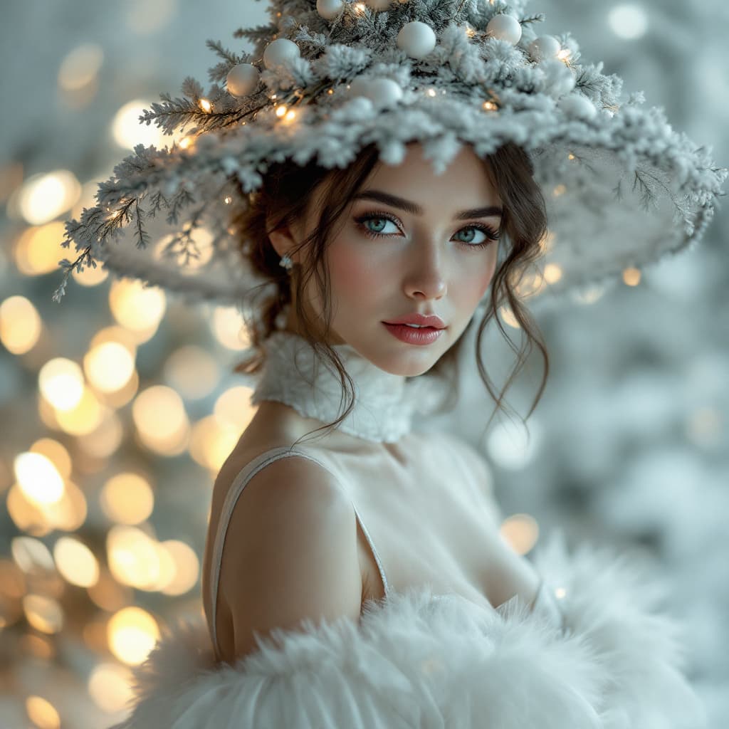 AI generated: Photo portrait of a woman wearing a white elegant chic dress and a hat tree-shaped with delicate chr...